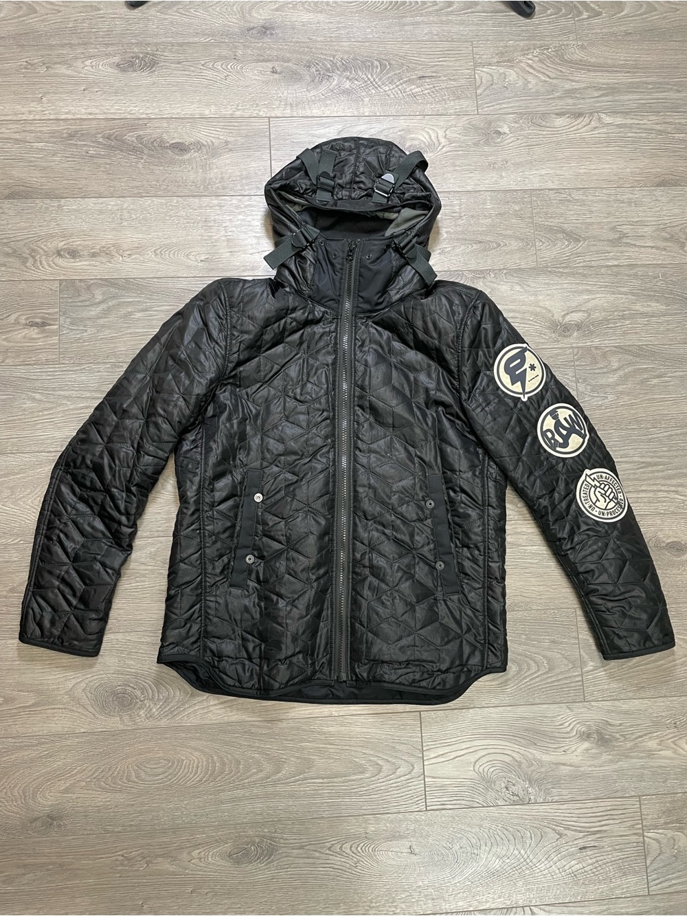 G-Star Raw Coper Quilted HDD Overshirt Jacket Black Hooded Vintage Patches XL